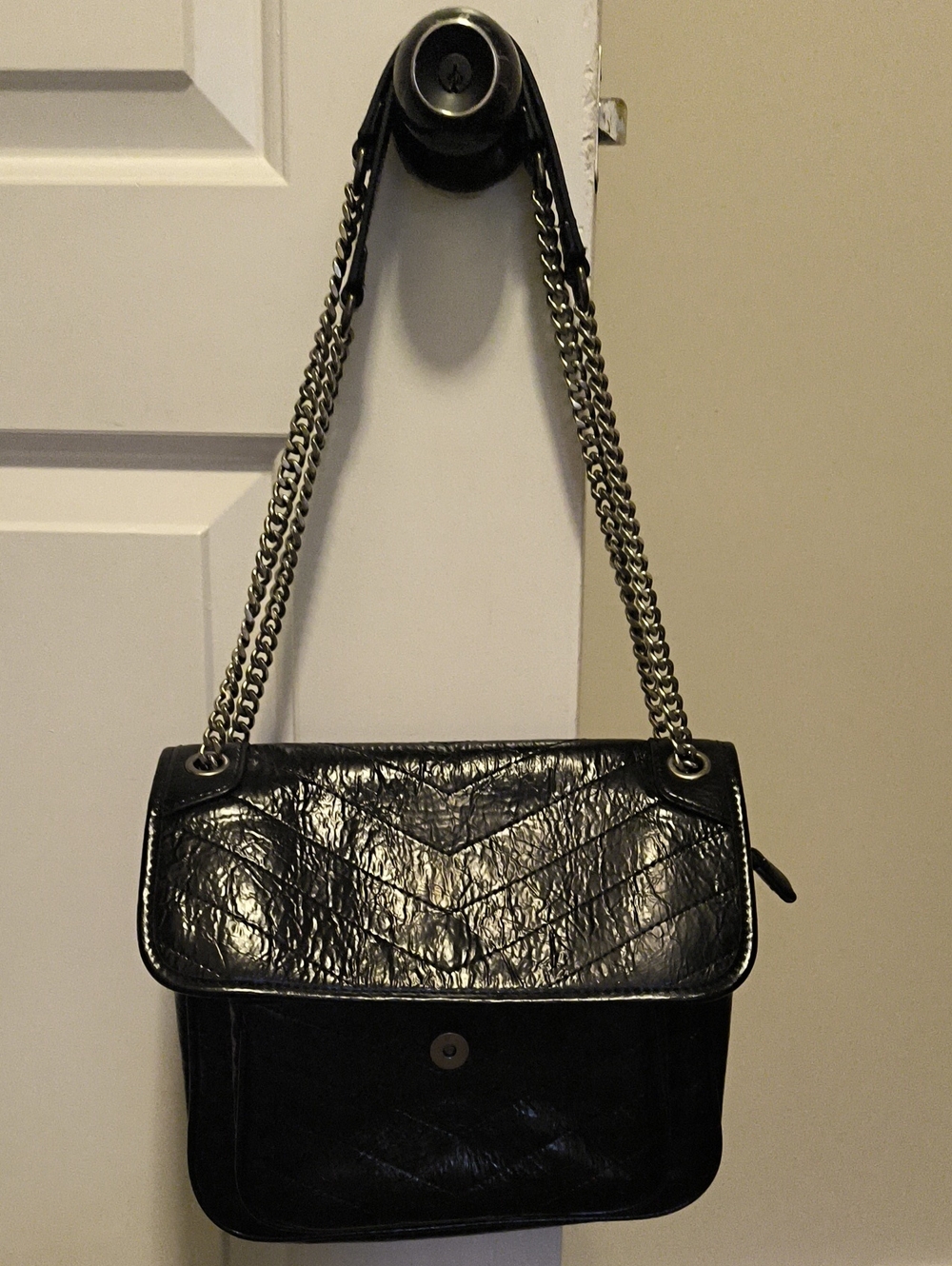 Black Quilted Chain-Handle Real Leather Shoulder Bag